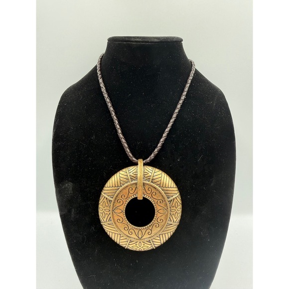 Chico's Jewelry - Chicos Bronze Tone Tribal Etched Round Pendant Braided Cord Necklace Statement